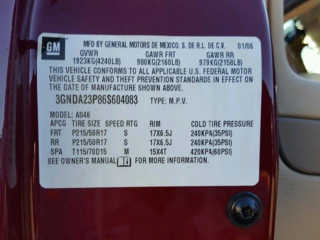 3GNDA23P86S604083 - 2006 CHEVROLET HHR LT MAROON photo 10