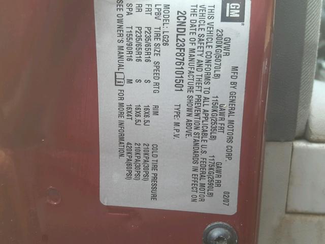 2CNDL23F876101501 - 2007 CHEVROLET EQUINOX LS RED photo 10