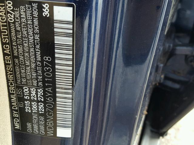 WDBNG70J6YA110378 - 2000 MERCEDES-BENZ S 430 BLUE photo 10