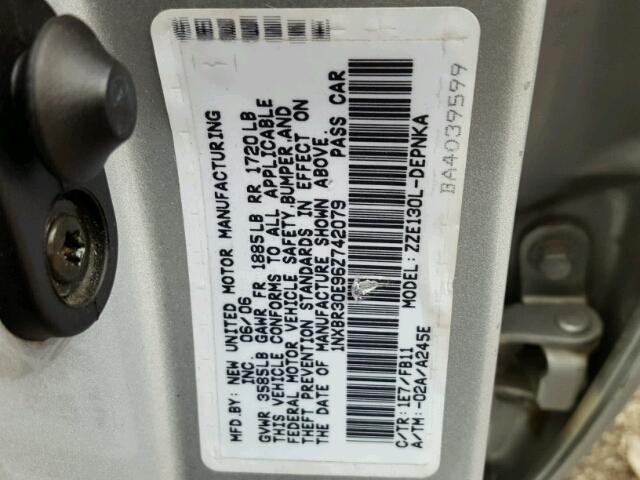 1NXBR30E96Z742079 - 2006 TOYOTA COROLLA CE SILVER photo 10