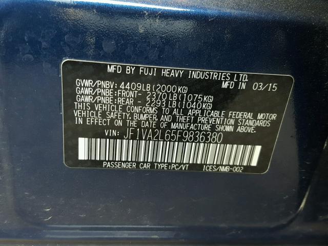 JF1VA2L65F9836380 - 2015 SUBARU WRX STI BLUE photo 10