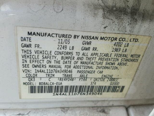 1N4AL11D76N349046 - 2006 NISSAN ALTIMA WHITE photo 10