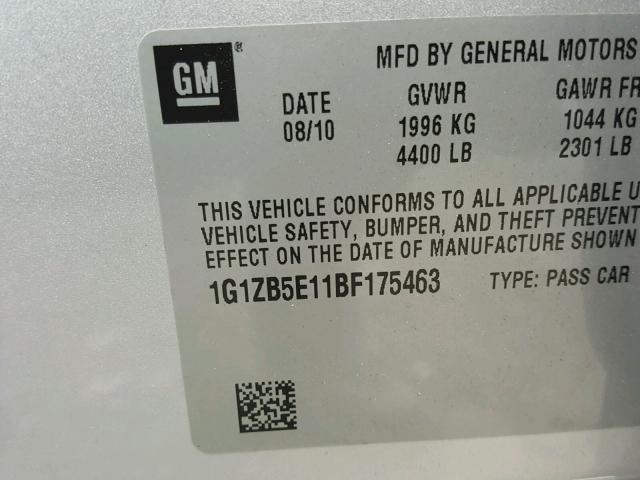 1G1ZB5E11BF175463 - 2011 CHEVROLET MALIBU LS SILVER photo 10