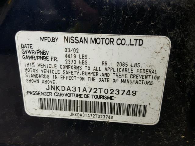 JNKDA31A72T023749 - 2002 INFINITI I35 BLUE photo 10