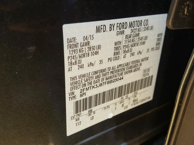 2FMTK3J87FBB25044 - 2015 FORD EDGE SEL GRAY photo 10