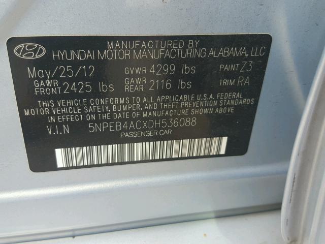 5NPEB4ACXDH536088 - 2013 HYUNDAI SONATA GLS SILVER photo 10