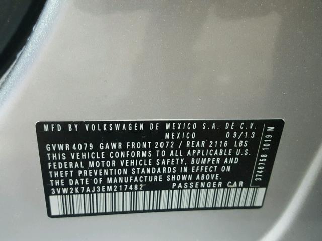 3VW2K7AJ3EM217482 - 2014 VOLKSWAGEN JETTA BASE SILVER photo 10