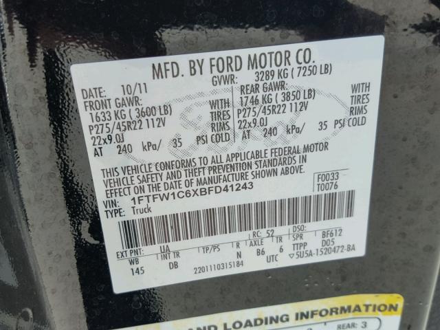 1FTFW1C6XBFD41243 - 2011 FORD F150 SUPER BLACK photo 10