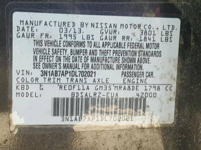 3N1AB7AP1DL702021 - 2013 NISSAN SENTRA GRAY photo 10