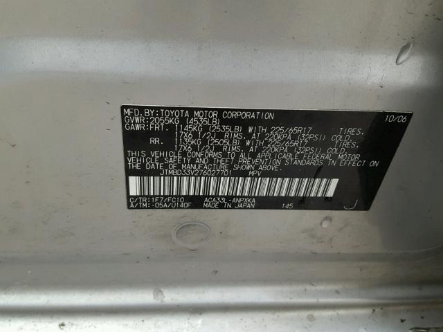 JTMBD33V276027701 - 2007 TOYOTA RAV4 SILVER photo 10