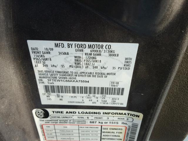 1FTEW1C88AKA75594 - 2010 FORD F150 SUPER GRAY photo 10