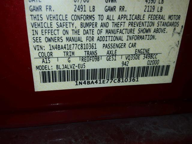 1N4BA41E77C810361 - 2007 NISSAN MAXIMA SE MAROON photo 10