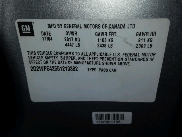 2G2WP542551210382 - 2005 PONTIAC GRAND PRIX ვერცხლისფერი ფოტო 10