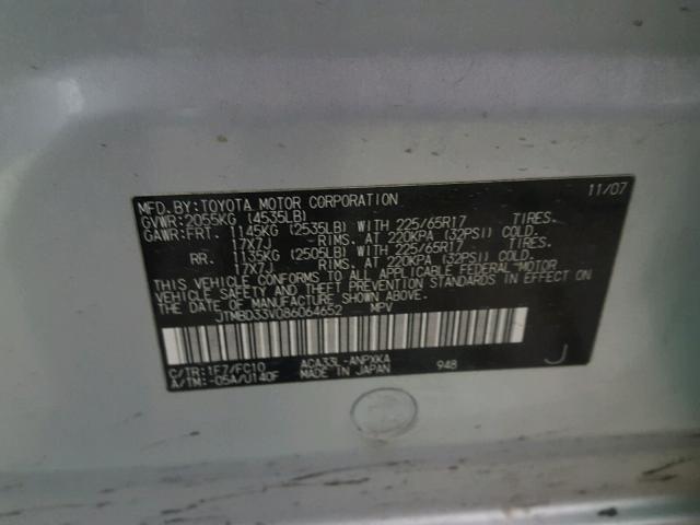 JTMBD33V086064652 - 2008 TOYOTA RAV4 SILVER photo 10