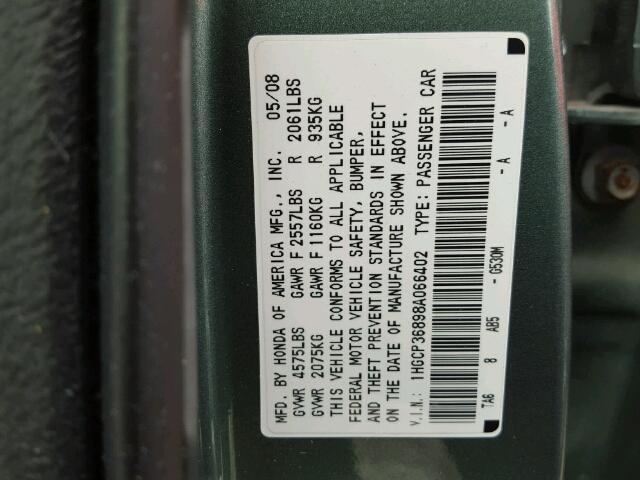 1HGCP36898A066402 - 2008 HONDA ACCORD EXL GREEN photo 10