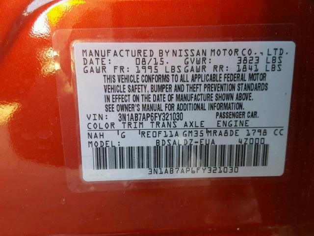 3N1AB7AP6FY321030 - 2015 NISSAN SENTRA S RED photo 10