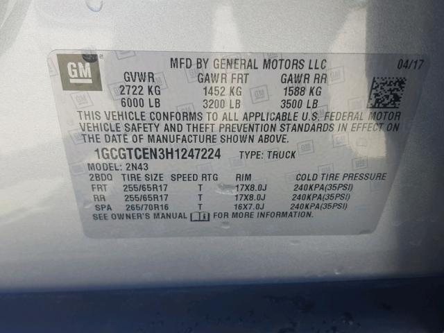 1GCGTCEN3H1247224 - 2017 CHEVROLET COLORADO L SILVER photo 10