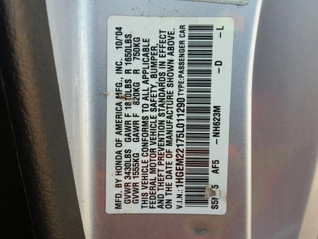 1HGEM22175L011290 - 2005 HONDA CIVIC DX V SILVER photo 10