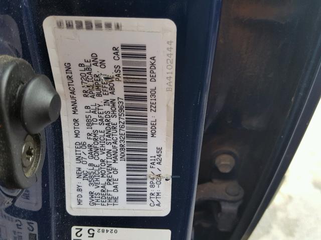 1NXBR32E76Z759637 - 2006 TOYOTA COROLLA BLUE photo 10