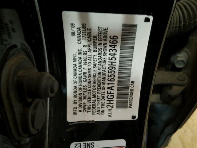 2HGFA16559H543466 - 2009 HONDA CIVIC LX BLACK photo 10