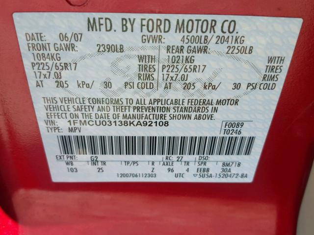 1FMCU03138KA92108 - 2008 FORD ESCAPE XLT MAROON photo 10