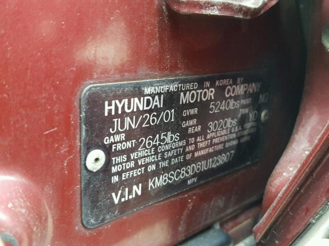 KM8SC83D81U123807 - 2001 HYUNDAI SANTA FE G MAROON photo 8