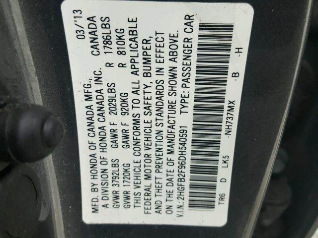 2HGFB2F96DH540591 - 2013 HONDA CIVIC EXL GRAY photo 10