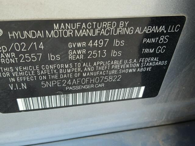 5NPE24AF0FH075822 - 2015 HYUNDAI SONATA SE SILVER photo 10