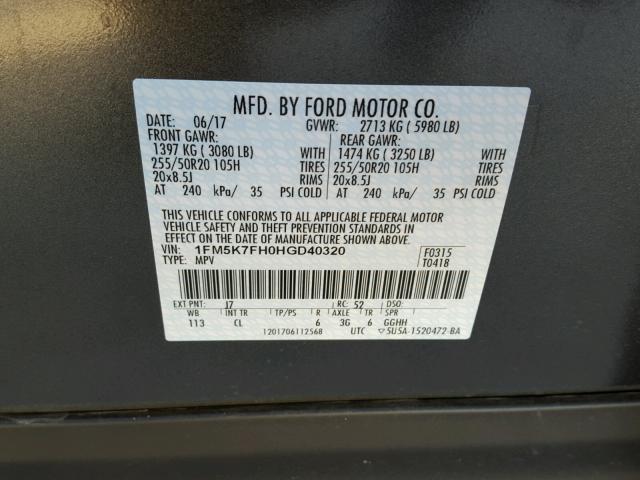 1FM5K7FH0HGD40320 - 2017 FORD EXPLORER L GRAY photo 10