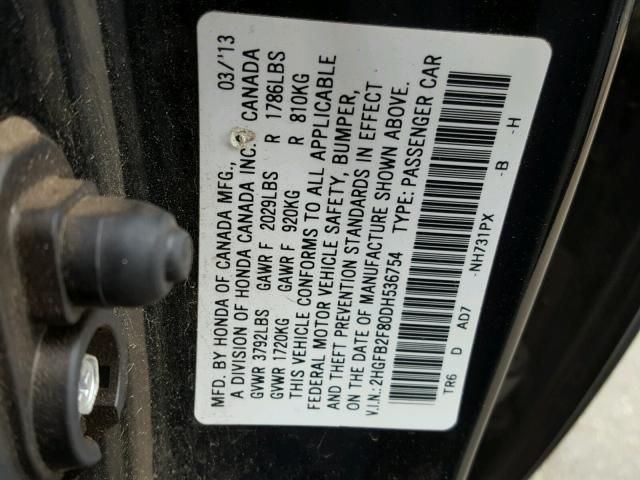 2HGFB2F80DH536754 - 2013 HONDA CIVIC EX 黑色 照片 10