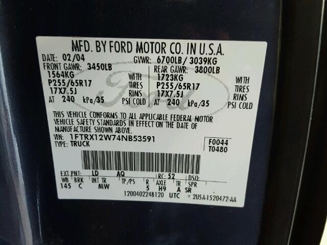 1FTRX12W74NB53591 - 2004 FORD F150 BLUE photo 10