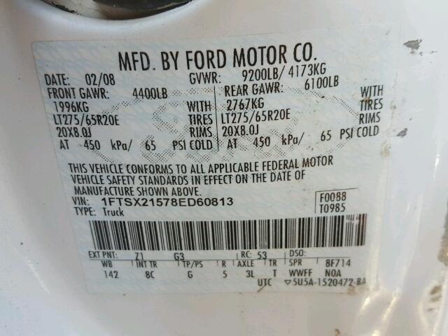 1FTSX21578ED60813 - 2008 FORD F250 SUPER WHITE photo 10