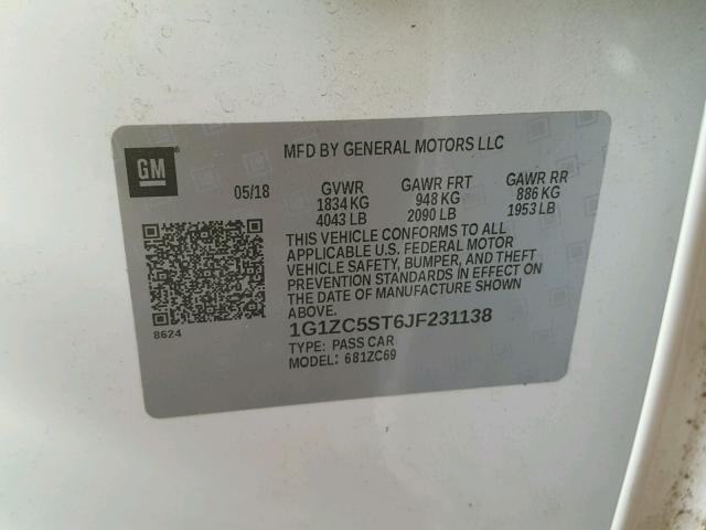 1G1ZC5ST6JF231138 - 2018 CHEVROLET MALIBU LS 白色 照片 10