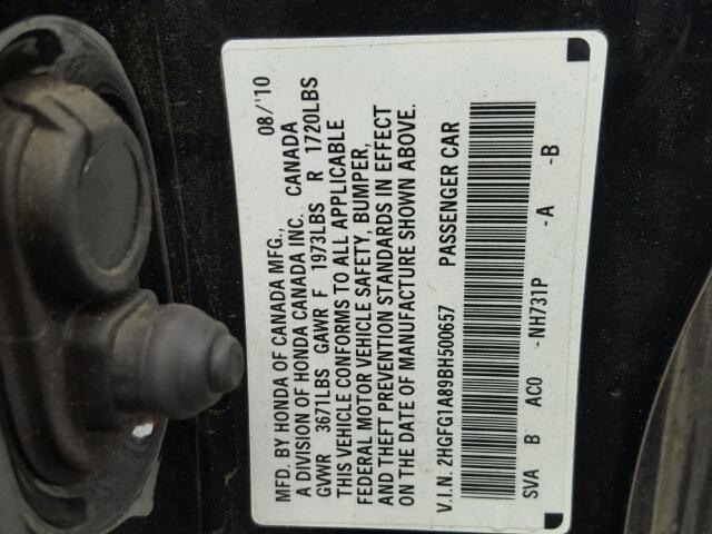 2HGFG1A89BH500657 - 2011 HONDA CIVIC EX BLACK photo 10