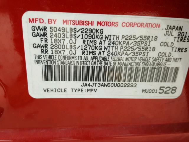 JA4JT3AW6CU002293 - 2012 MITSUBISHI OUTLANDER RED photo 10