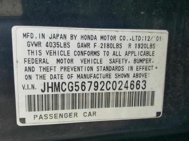 JHMCG56792C024663 - 2002 HONDA ACCORD SE BLACK photo 10