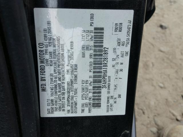 3FAHP0HA1BR281892 - 2011 FORD FUSION SE BLACK photo 10