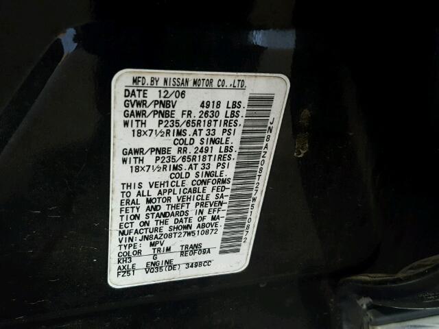 JN8AZ08T27W510872 - 2007 NISSAN MURANO SL BLACK photo 10