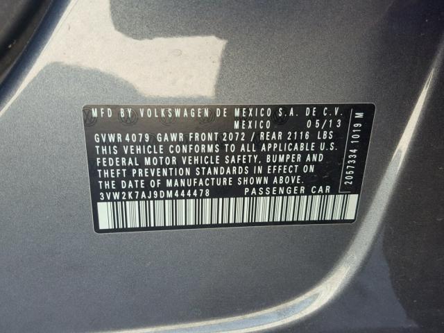 3VW2K7AJ9DM444478 - 2013 VOLKSWAGEN JETTA BASE GRAY photo 10