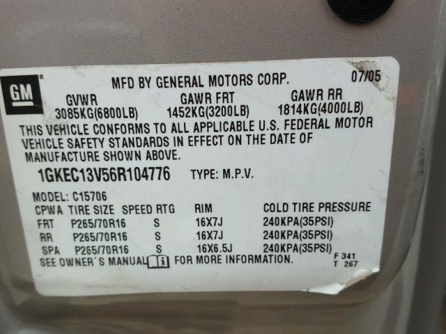 1GKEC13V56R104776 - 2006 GMC YUKON GRAY photo 10