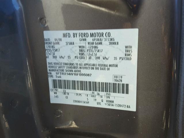 1FTRX14W18FB95087 - 2008 FORD F150 GRAY photo 10