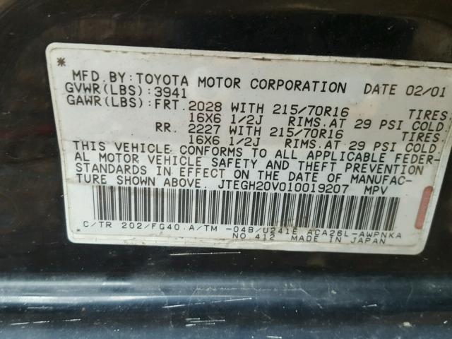 JTEGH20V010019207 - 2001 TOYOTA RAV4 BLACK photo 10