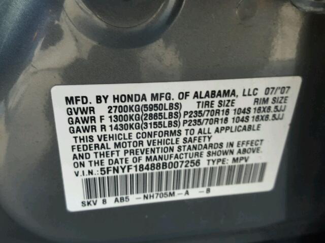 5FNYF18488B007256 - 2008 HONDA PILOT EX GRAY photo 10