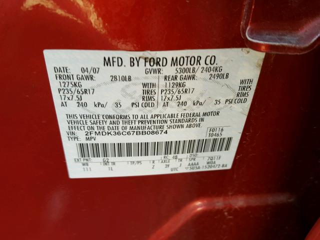 2FMDK36C67BB08674 - 2007 FORD EDGE RED photo 10