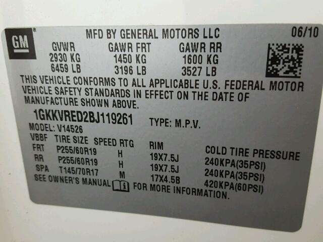 1GKKVRED2BJ119261 - 2011 GMC ACADIA SLT Ağ foto 10