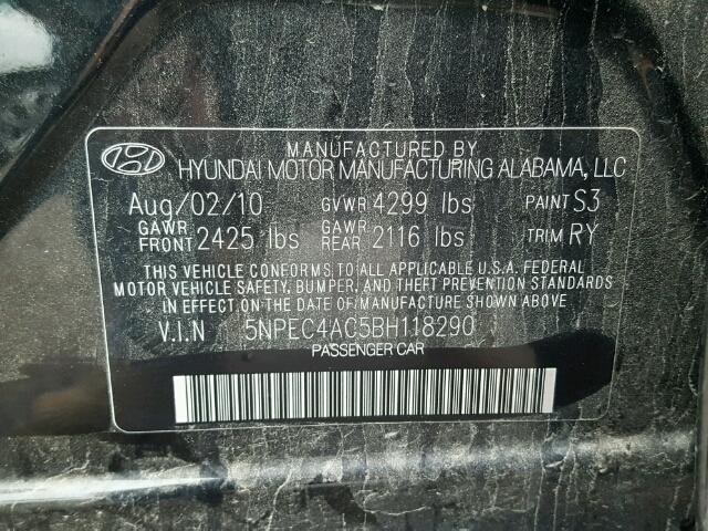 5NPEC4AC5BH118290 - 2011 HYUNDAI SONATA SE BLACK photo 10