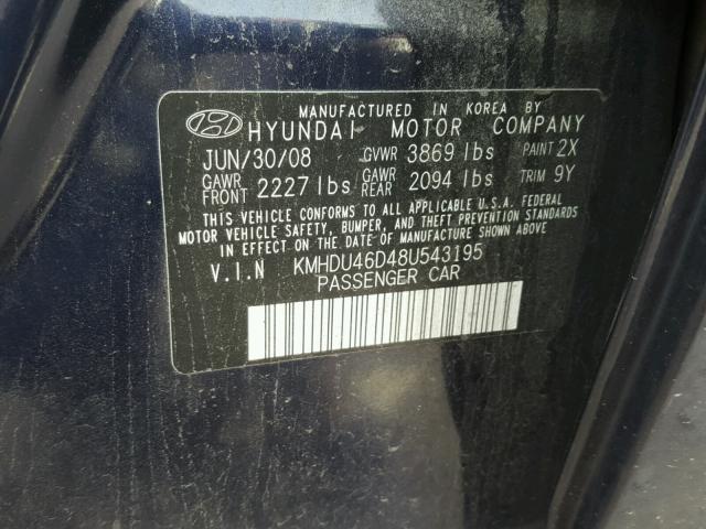 KMHDU46D48U543195 - 2008 HYUNDAI ELANTRA GL BLUE photo 10