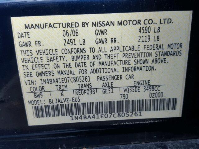 1N4BA41E07C805261 - 2007 NISSAN MAXIMA SE BLUE photo 10