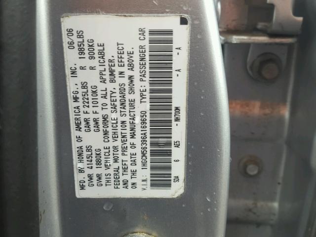 1HGCM56396A169650 - 2006 HONDA ACCORD SE SILVER photo 10