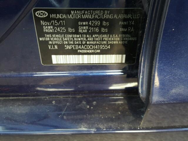 5NPEB4AC0CH419554 - 2012 HYUNDAI SONATA GLS BLUE photo 10